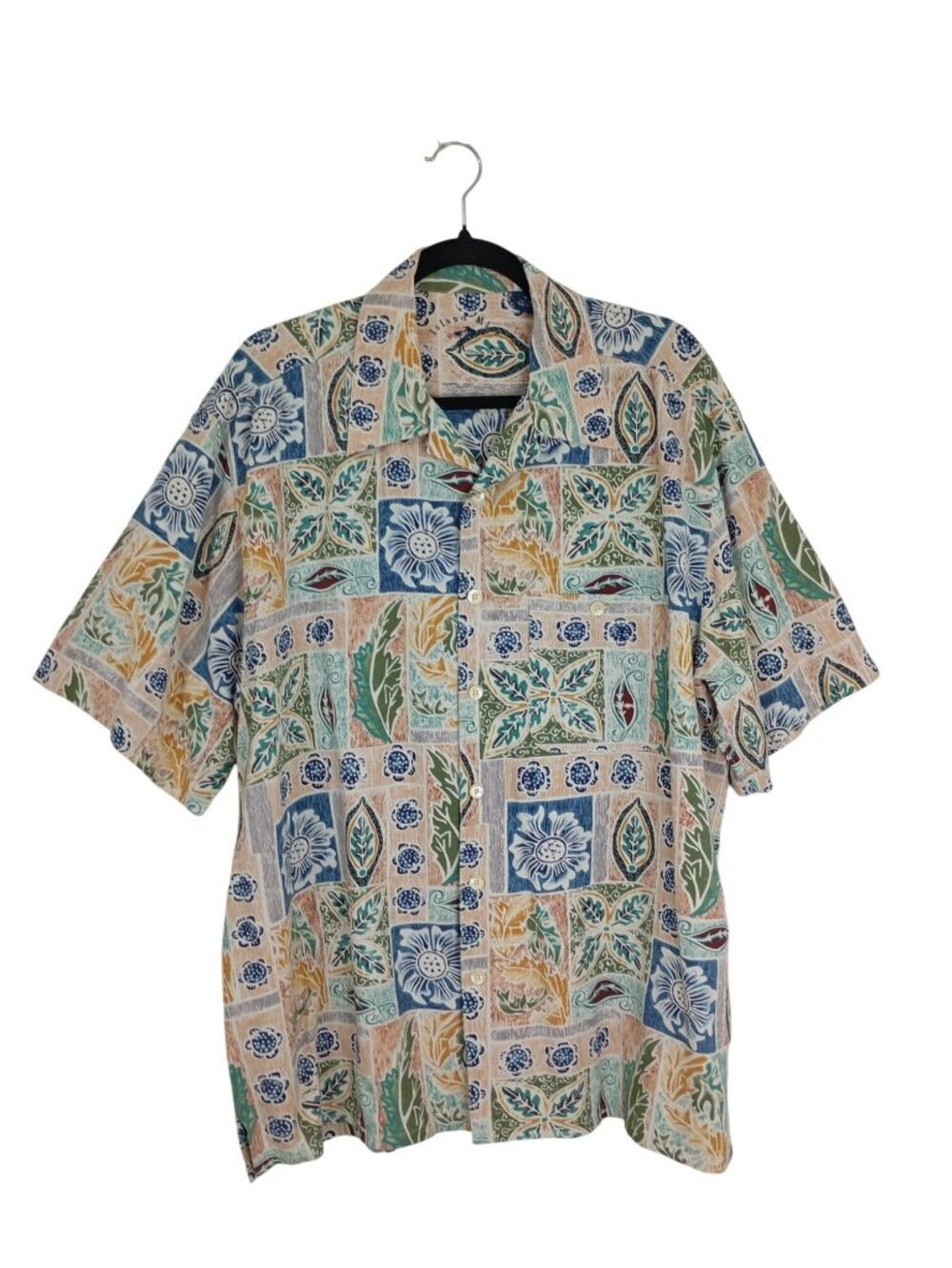Floral & Leaf Patchwork Silk Button-Up Shirt XL Mens